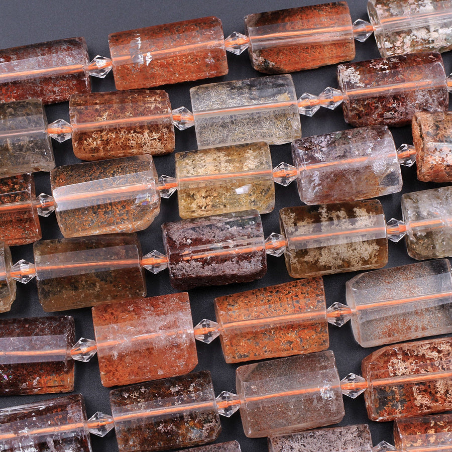 Natural Phantom Lodolite Quartz Faceted Rectangle Cushion Beads Golden Red Green Crystal Quartz Rutile 15.5" Strand