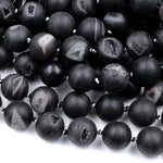 Matte Natural Black Druzy Agate 12mm 14mm 16mm 18mm Round Beads With Sparkling White Quartz Druzy Crystal Cave 16" Strand