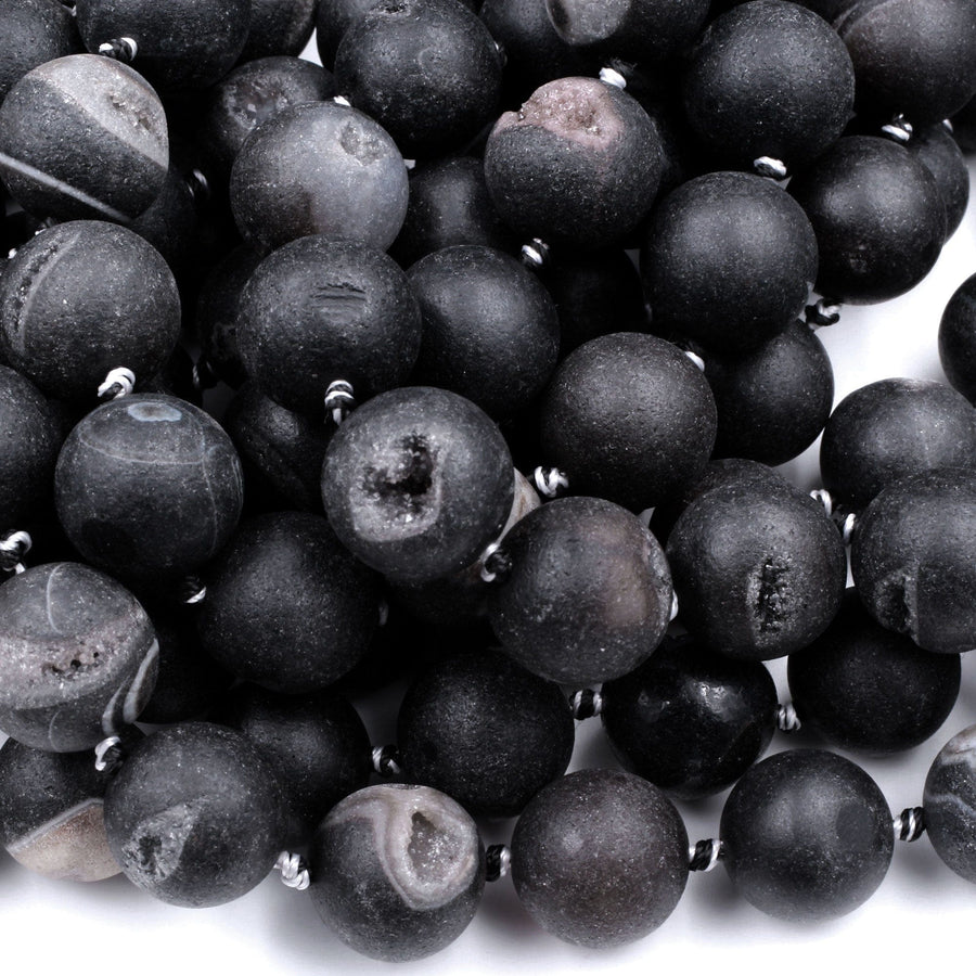 Matte Natural Black Druzy Agate 12mm 14mm 16mm 18mm Round Beads With Sparkling White Quartz Druzy Crystal Cave 16" Strand