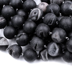 Matte Natural Black Druzy Agate 12mm 14mm 16mm 18mm Round Beads With Sparkling White Quartz Druzy Crystal Cave 16" Strand