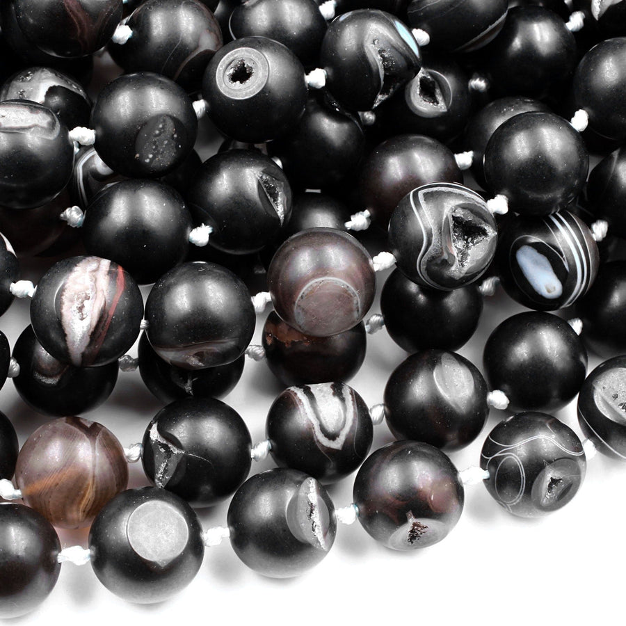 Natural Black Druzy Agate 8mm 10mm 12mm 14mm Round Beads With Sparkling White Quartz Druzy Crystal Cave 15.5" Strand