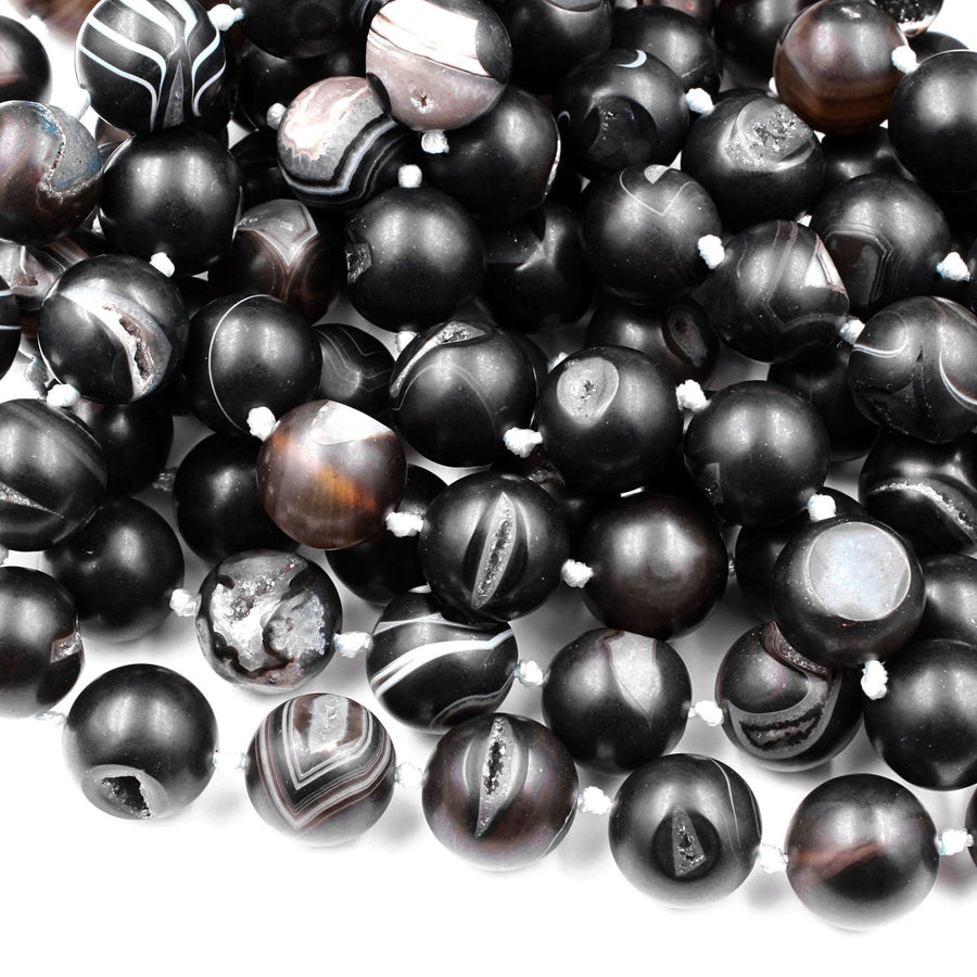 Natural Black Druzy Agate 8mm 10mm 12mm 14mm Round Beads With Sparkling White Quartz Druzy Crystal Cave 15.5" Strand