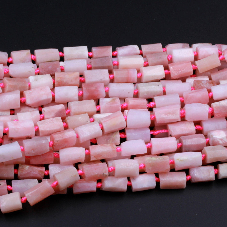 Matte Natural Peruvian Pink Opal Faceted Cylinder Tube Rectangle Nugget Beads 16" Strand