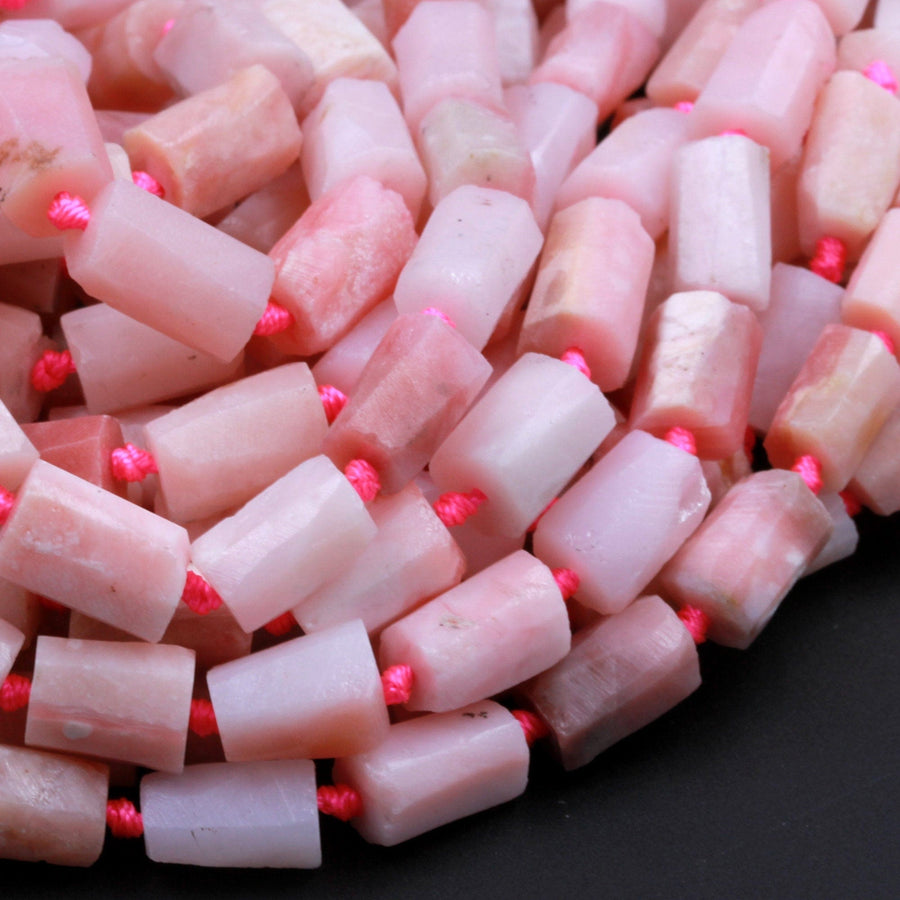 Matte Natural Peruvian Pink Opal Faceted Cylinder Tube Rectangle Nugget Beads 16" Strand