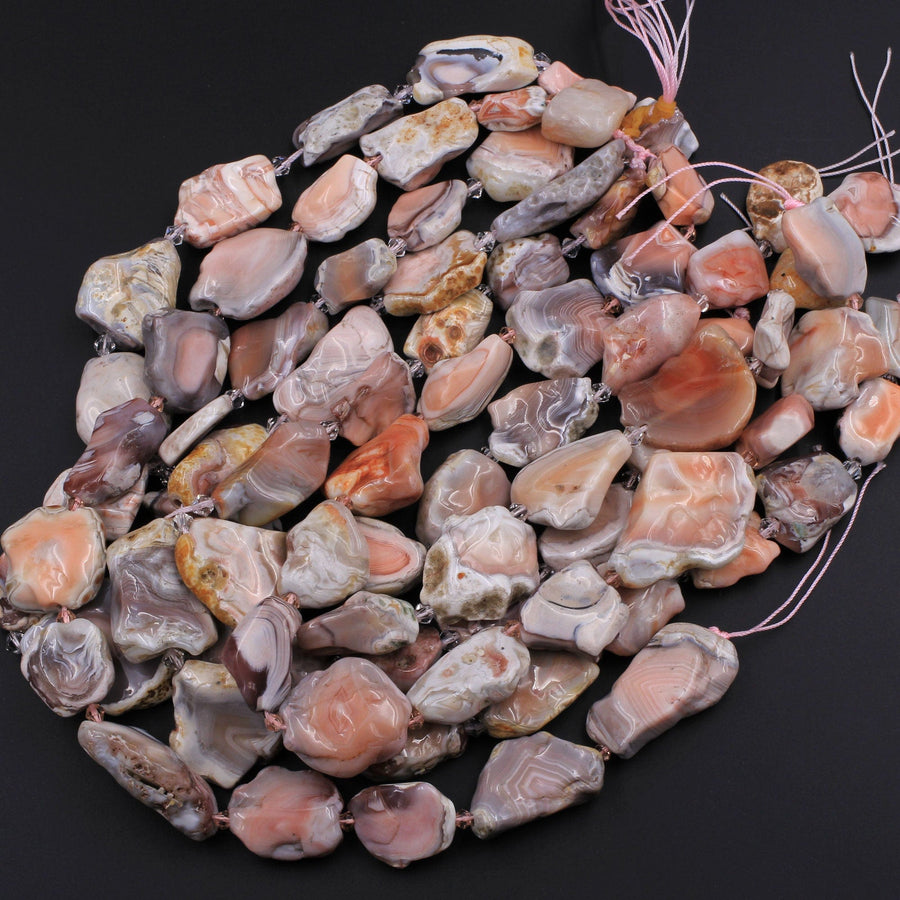 Rare Natural Pink Botswana Agate Beads Graduated Large Slice Slab Focal Pendant Freeform Unique Organic Irregular Geode Shape 16" Strand