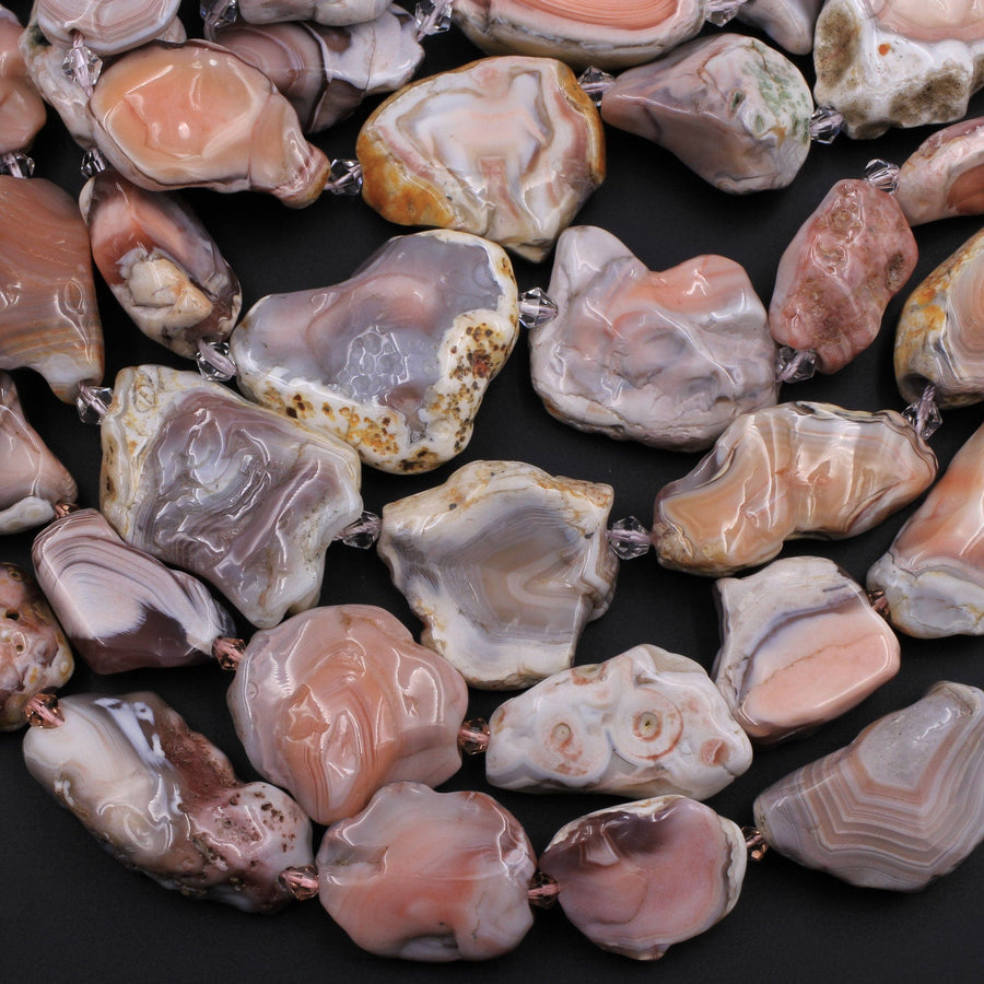 Rare Natural Pink Botswana Agate Beads Graduated Large Slice Slab Focal Pendant Freeform Unique Organic Irregular Geode Shape 16" Strand