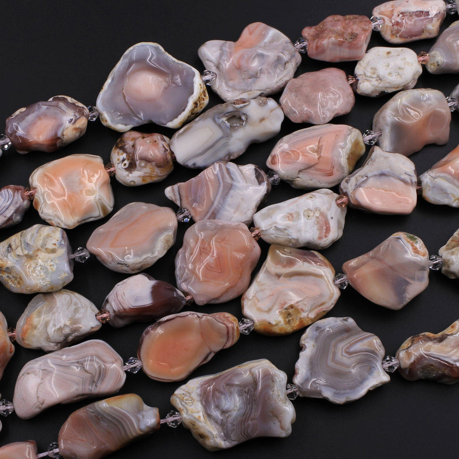 Rare Natural Pink Botswana Agate Beads Graduated Large Slice Slab Focal Pendant Freeform Unique Organic Irregular Geode Shape 16" Strand
