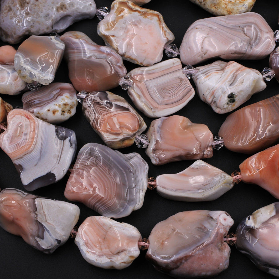 Rare Natural Pink Botswana Agate Beads Graduated Large Slice Slab Focal Pendant Freeform Unique Organic Irregular Geode Shape 16" Strand