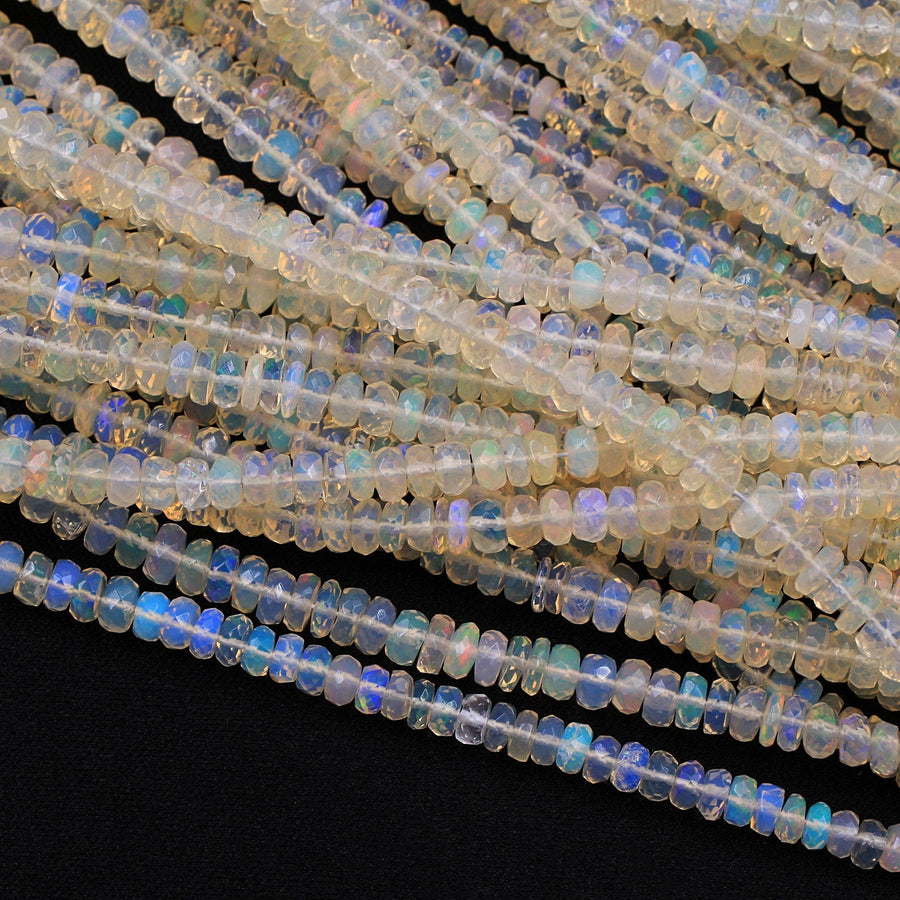 AAA White Ethiopian Opal Faceted Rondelle Beads Graduating 3mm 6mm Super Flashy Fiery Rainbow 16" Strand