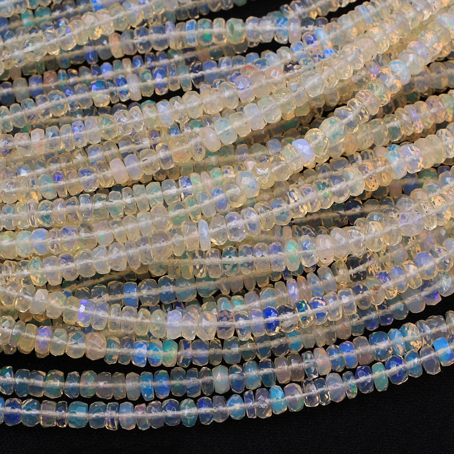 AAA White Ethiopian Opal Faceted Rondelle Beads Graduating 3mm 6mm Super Flashy Fiery Rainbow 16" Strand