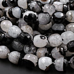 Faceted Natural Agate Barrel Drum Cylinder Beads 12mm 14mm Polished High Quality Gemmy Black White Quartz Stripe Beads 16" Strand