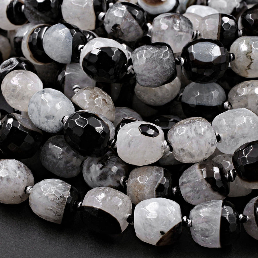 Faceted Natural Agate Barrel Drum Cylinder Beads 12mm 14mm Polished High Quality Gemmy Black White Quartz Stripe Beads 16" Strand