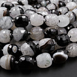 Faceted Natural Agate Barrel Drum Cylinder Beads 12mm 14mm Polished High Quality Gemmy Black White Quartz Stripe Beads 16" Strand