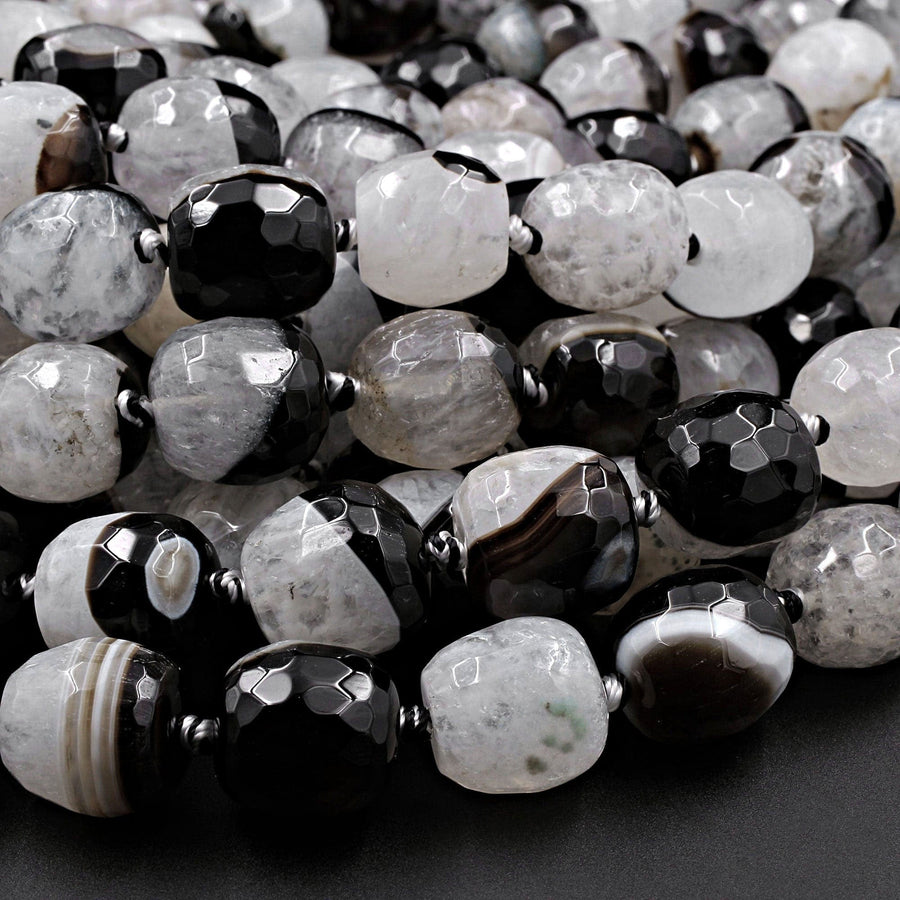 Faceted Natural Agate Barrel Drum Cylinder Beads 12mm 14mm Polished High Quality Gemmy Black White Quartz Stripe Beads 16" Strand