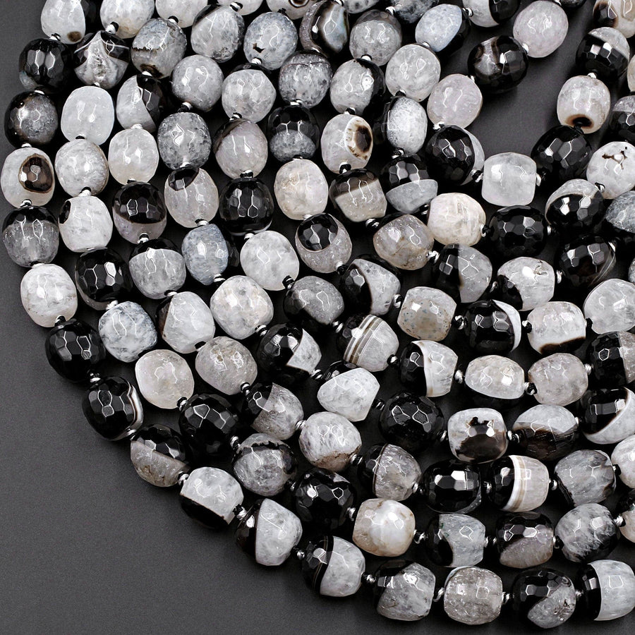 Faceted Natural Agate Barrel Drum Cylinder Beads 12mm 14mm Polished High Quality Gemmy Black White Quartz Stripe Beads 16" Strand