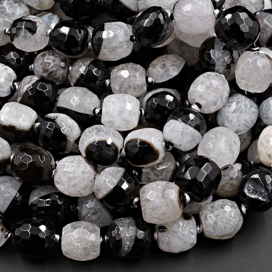 Faceted Natural Agate Barrel Drum Cylinder Beads 12mm 14mm Polished High Quality Gemmy Black White Quartz Stripe Beads 16" Strand