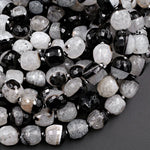 Faceted Natural Agate Barrel Drum Cylinder Beads 12mm 14mm Polished High Quality Gemmy Black White Quartz Stripe Beads 16" Strand