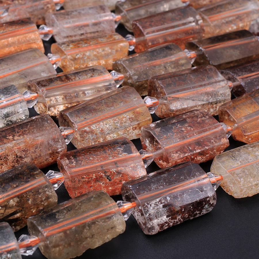 Natural Phantom Lodolite Quartz Faceted Rectangle Cushion Beads Golden Red Green Crystal Quartz Rutile 15.5" Strand