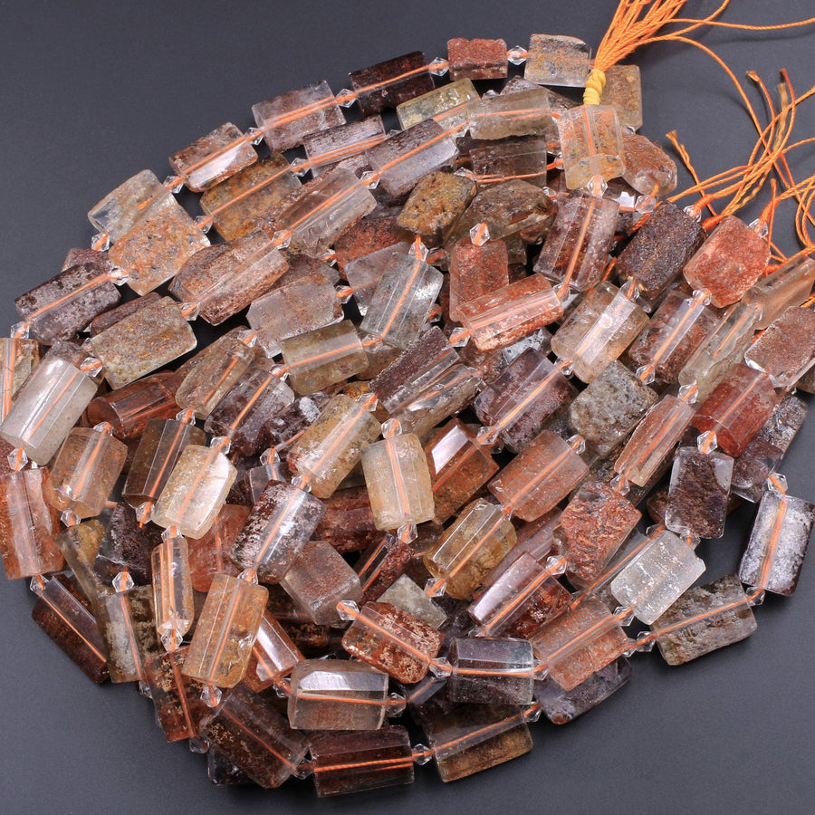 Natural Phantom Lodolite Quartz Faceted Rectangle Cushion Beads Golden Red Green Crystal Quartz Rutile 15.5" Strand