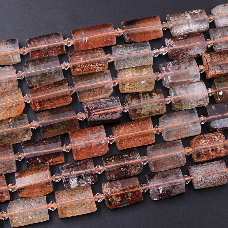 Natural Phantom Lodolite Quartz Faceted Rectangle Cushion Beads Golden Red Green Crystal Quartz Rutile 15.5" Strand