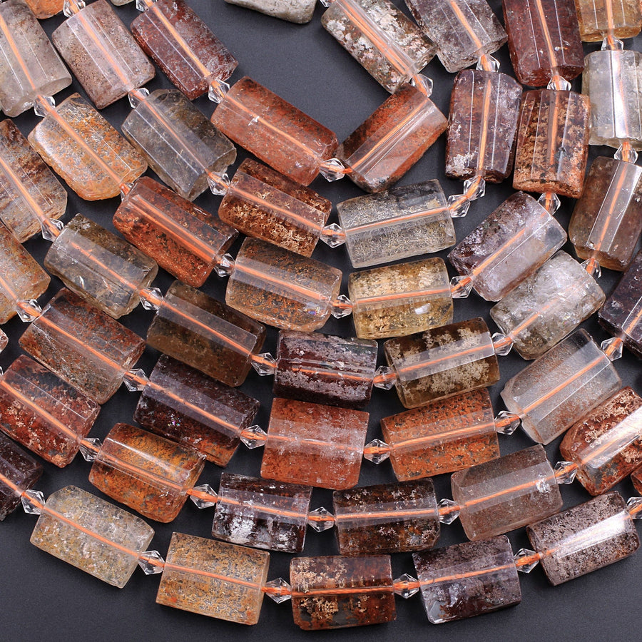 Natural Phantom Lodolite Quartz Faceted Rectangle Cushion Beads Golden Red Green Crystal Quartz Rutile 15.5" Strand