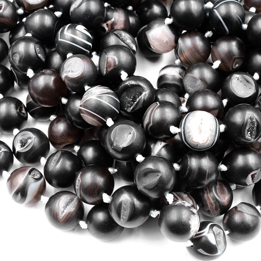 Natural Black Druzy Agate 8mm 10mm 12mm 14mm Round Beads With Sparkling White Quartz Druzy Crystal Cave 15.5" Strand