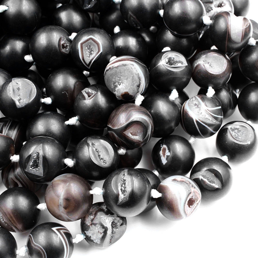 Natural Black Druzy Agate 8mm 10mm 12mm 14mm Round Beads With Sparkling White Quartz Druzy Crystal Cave 15.5" Strand