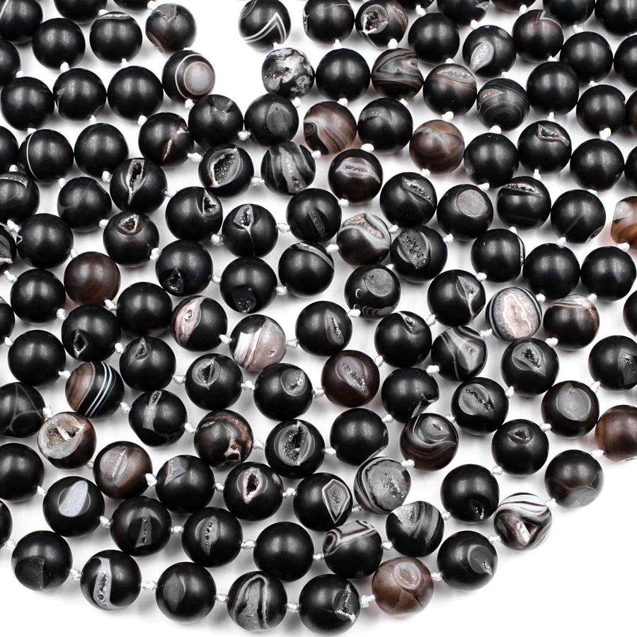 Natural Black Druzy Agate 8mm 10mm 12mm 14mm Round Beads With Sparkling White Quartz Druzy Crystal Cave 15.5" Strand