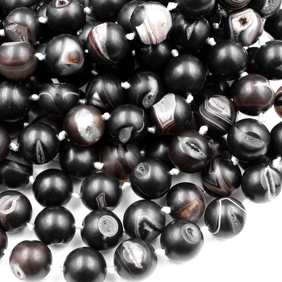 Natural Black Druzy Agate 8mm 10mm 12mm 14mm Round Beads With Sparkling White Quartz Druzy Crystal Cave 15.5" Strand