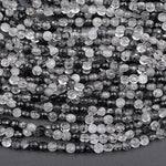 Faceted Black Rutilated Quartz Coin 4mm Beads Black Tourmaline Rutile Quartz Semi Precious Gemstone 15.5" Strand