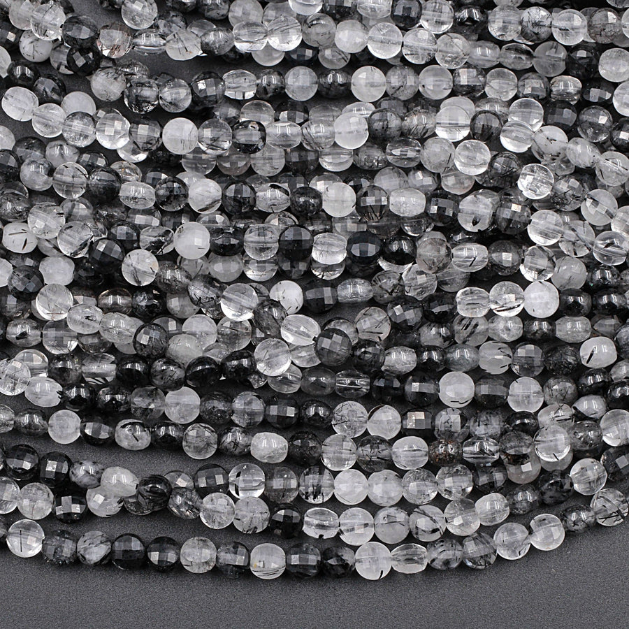 Faceted Black Rutilated Quartz Coin 4mm Beads Black Tourmaline Rutile Quartz Semi Precious Gemstone 15.5" Strand
