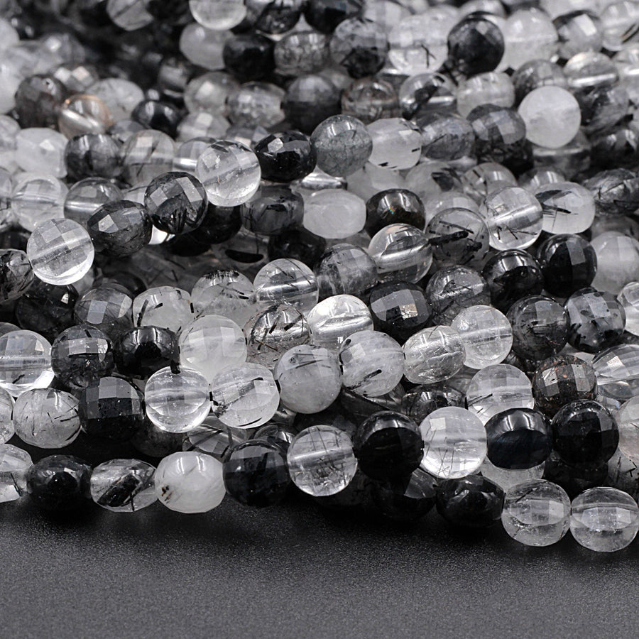 Faceted Black Rutilated Quartz Coin 4mm Beads Black Tourmaline Rutile Quartz Semi Precious Gemstone 15.5" Strand