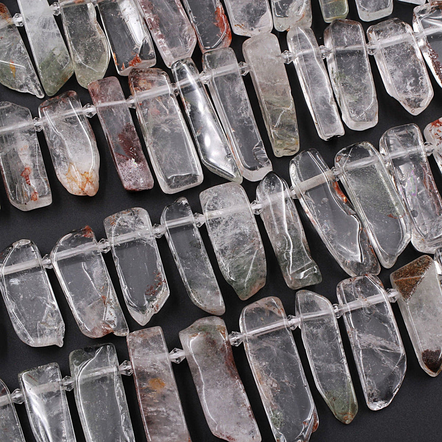 Large Freeform Natural Phantom Lodalite Quartz Rectangle Spike Beads 15.5" Strand