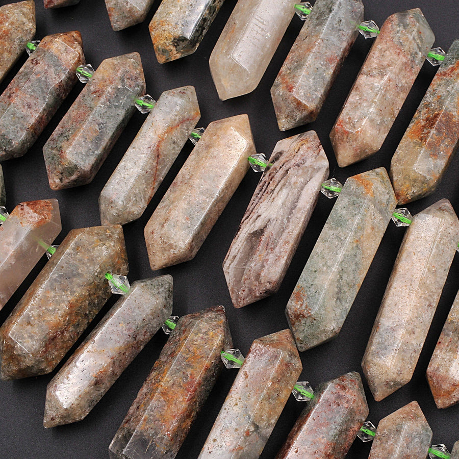 Large Lodalite Phantom Quartz Beads Double Terminated Points Top Side Drilled Healing Natural Red Crystal Focal Pendant 16" Strand