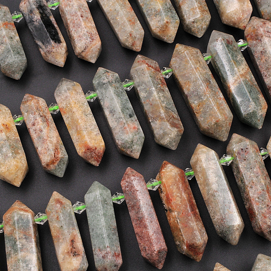 Large Lodalite Phantom Quartz Beads Double Terminated Points Top Side Drilled Healing Natural Red Crystal Focal Pendant 16" Strand