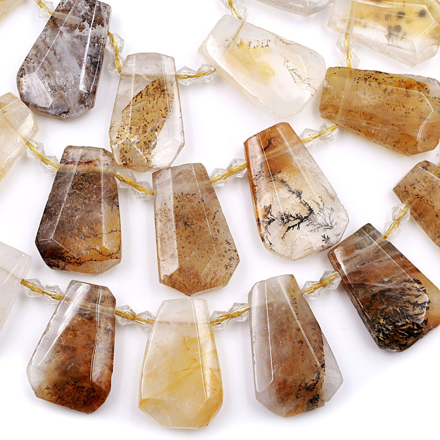 Natural Golden Dendritic Quartz Faceted Trapezoid Pendant Beads Rectangle Tapered Teardrop Pendant Shape 15.5" Strand