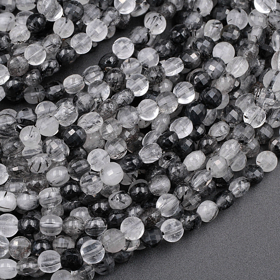 Faceted Black Rutilated Quartz Coin 4mm Beads Black Tourmaline Rutile Quartz Semi Precious Gemstone 15.5" Strand