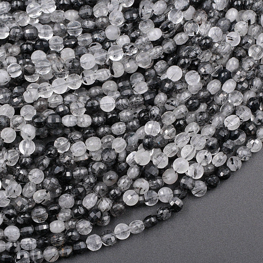 Faceted Black Rutilated Quartz Coin 4mm Beads Black Tourmaline Rutile Quartz Semi Precious Gemstone 15.5" Strand