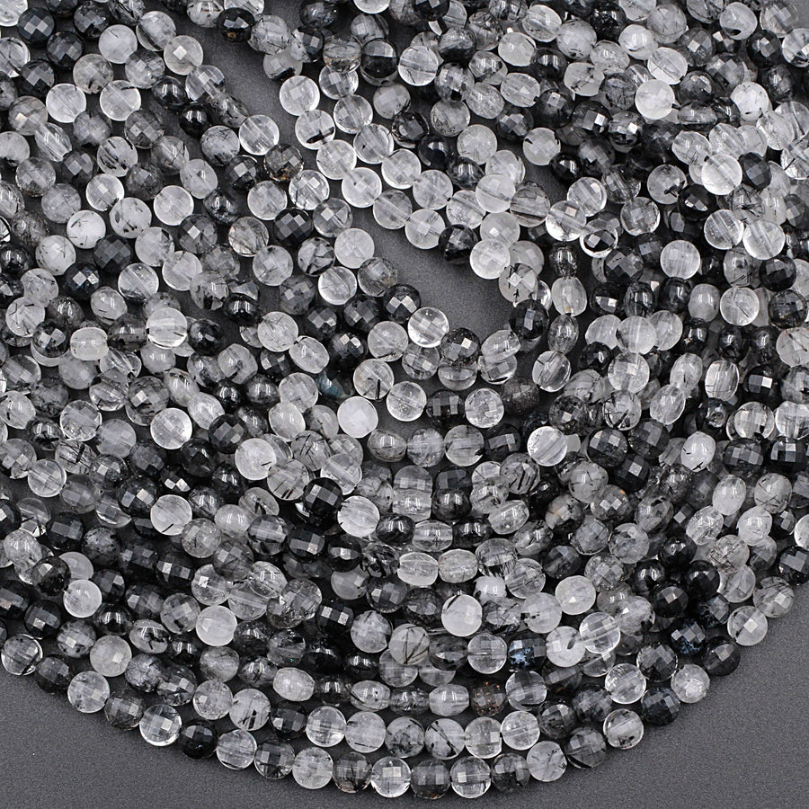 Faceted Black Rutilated Quartz Coin 4mm Beads Black Tourmaline Rutile Quartz Semi Precious Gemstone 15.5" Strand