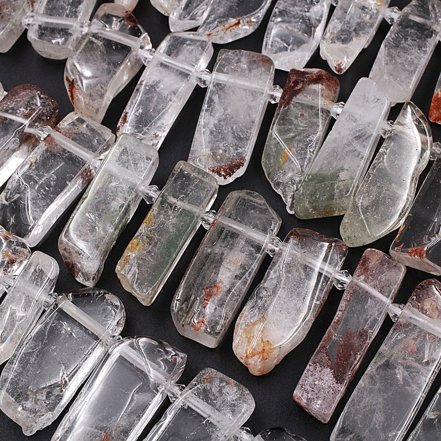 Large Freeform Natural Phantom Lodalite Quartz Rectangle Spike Beads 15.5" Strand