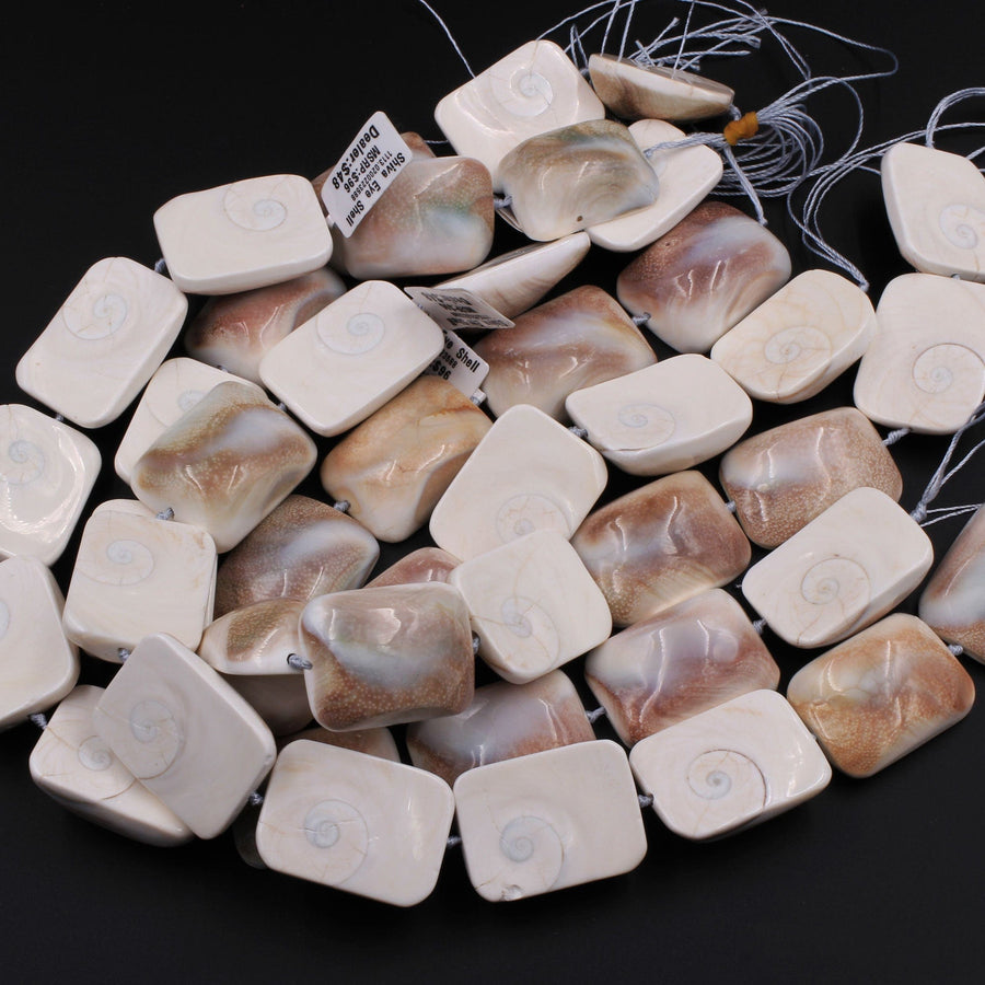 Large Shiva Eye Shell Beads Domed Rectangle Focal Pendant 16" Strand