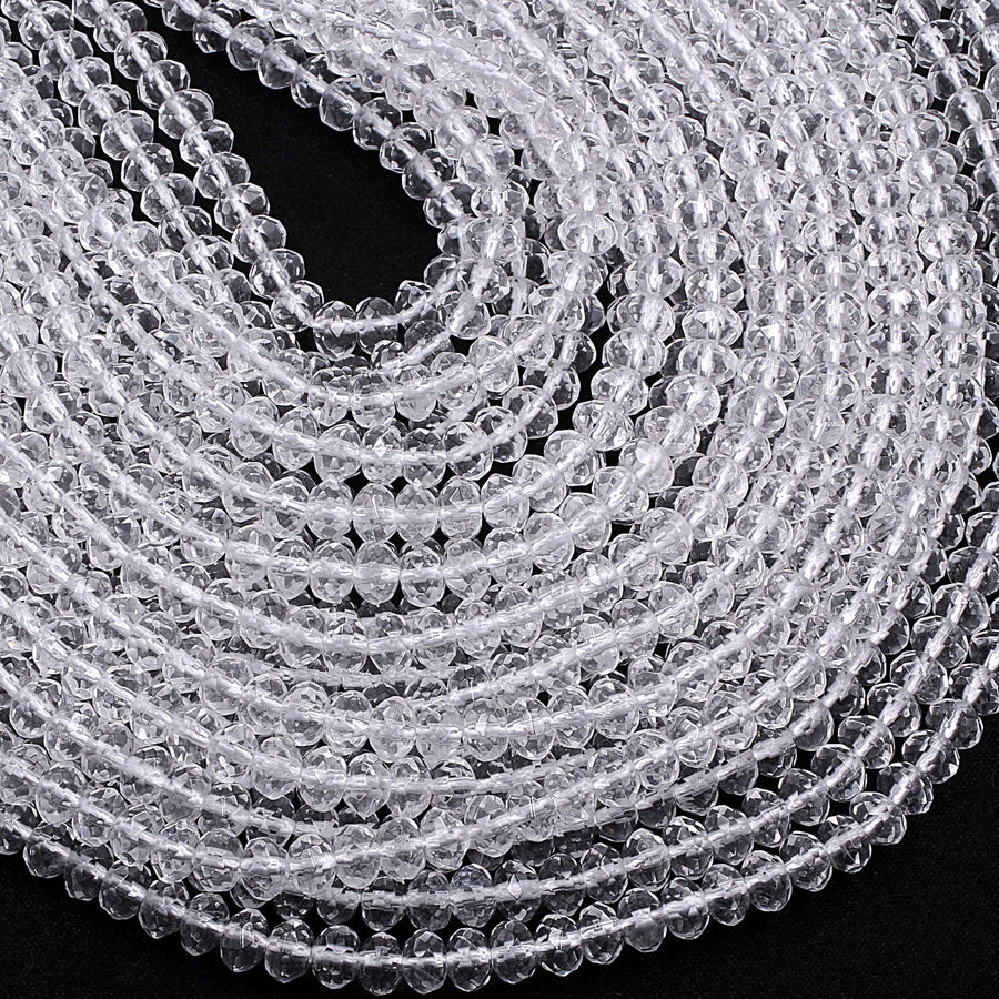 Faceted Natural Rock Quartz Rondelle Beads 4mm 6mm 8mm Real Genuine Super Clear Crystal Quartz AAA 15.5" Strand