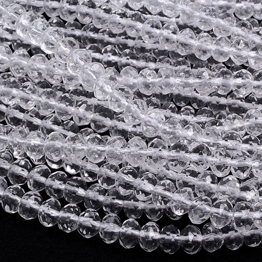 Faceted Natural Rock Quartz Rondelle Beads 4mm 6mm 8mm Real Genuine Super Clear Crystal Quartz AAA 15.5" Strand
