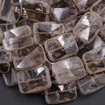 Natural Smoky Quartz Beads Large Hand Faceted Rectangle Matte Edges Sparkling Real Natural Quartz High Quality Gemstone 16" Strand