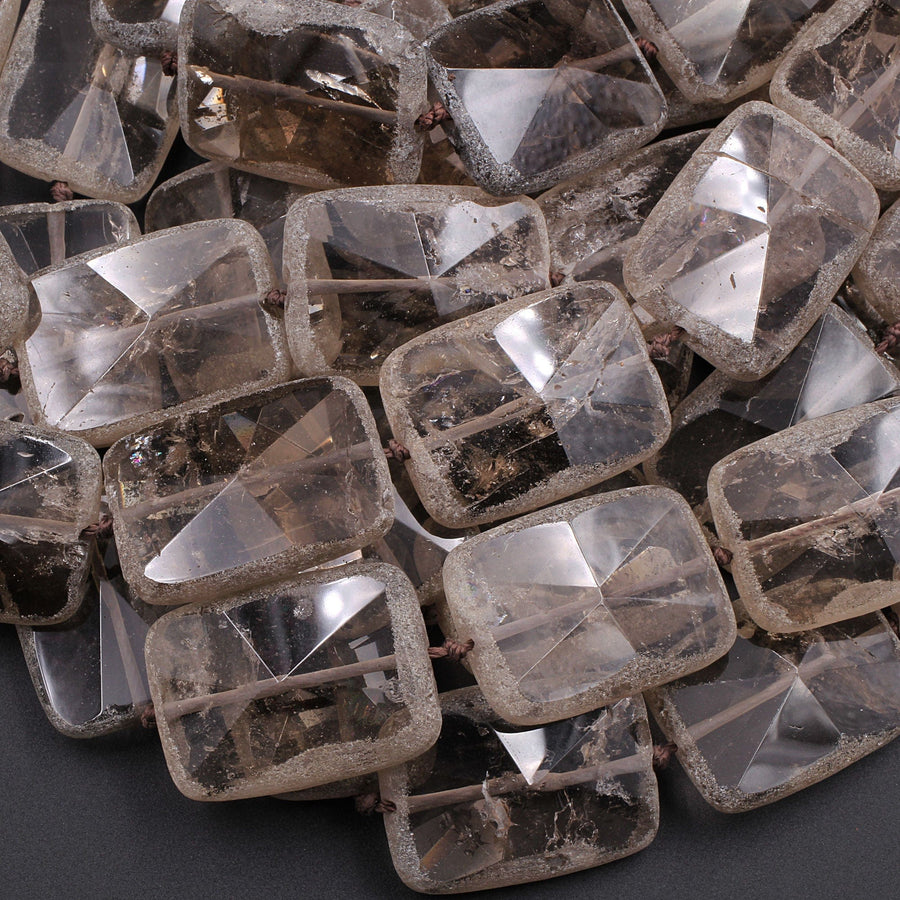 Natural Smoky Quartz Beads Large Hand Faceted Rectangle Matte Edges Sparkling Real Natural Quartz High Quality Gemstone 16" Strand