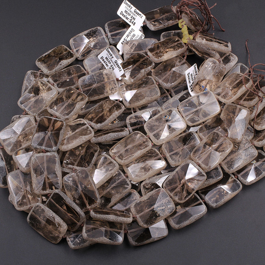 Natural Smoky Quartz Beads Large Hand Faceted Rectangle Matte Edges Sparkling Real Natural Quartz High Quality Gemstone 16" Strand
