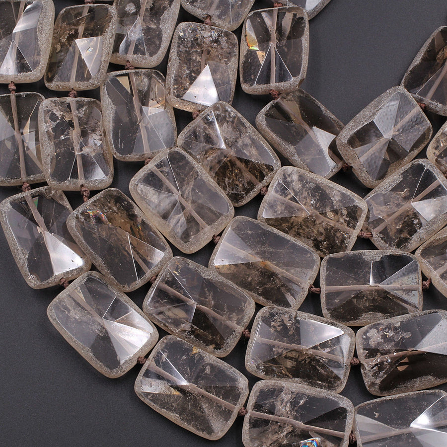 Natural Smoky Quartz Beads Large Hand Faceted Rectangle Matte Edges Sparkling Real Natural Quartz High Quality Gemstone 16" Strand