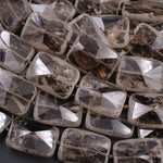 Natural Smoky Quartz Beads Large Hand Faceted Rectangle Matte Edges Sparkling Real Natural Quartz High Quality Gemstone 16" Strand