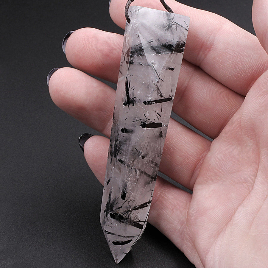 AAA Natural Black Tourmaline Rutilated Quartz Obelisk Point Pendant Side Drilled Crystal Tower A3