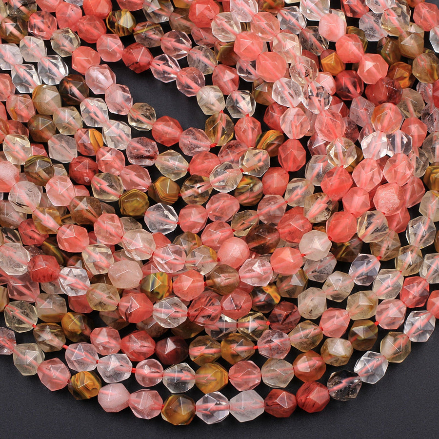 Star Cut Cherry Quartz Beads Faceted 6mm 8mm 10mm Rounded Nugget Sharp Facets 15" Strand